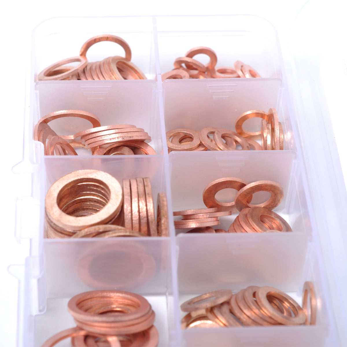 A0395 200Pcs / Set Copper Sealing Washers Flat Rings Gaskets with Plastic Box A0395 200Pcs / Set Copper Sealing Washers Flat Rings Gaskets with Plastic Box